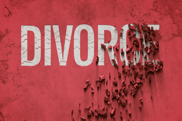 the word divorce in white lettering with a red paint background. The letters R,C and E covered in red paint flecks