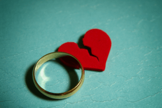 Amicable Divorce, is it a myth? Man's gold wedding band laying next to a red broken heart