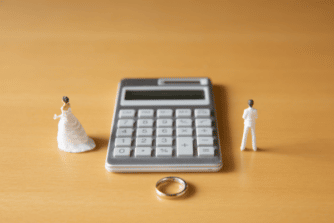 wedding figurines of a bride and groom on either side of a calculator and a wedding ring at the bottom of the calculator in the middle