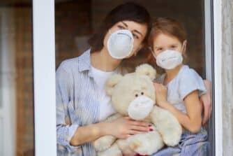 Mother And Daughter With Teddy Bear All Wearing Face Masks