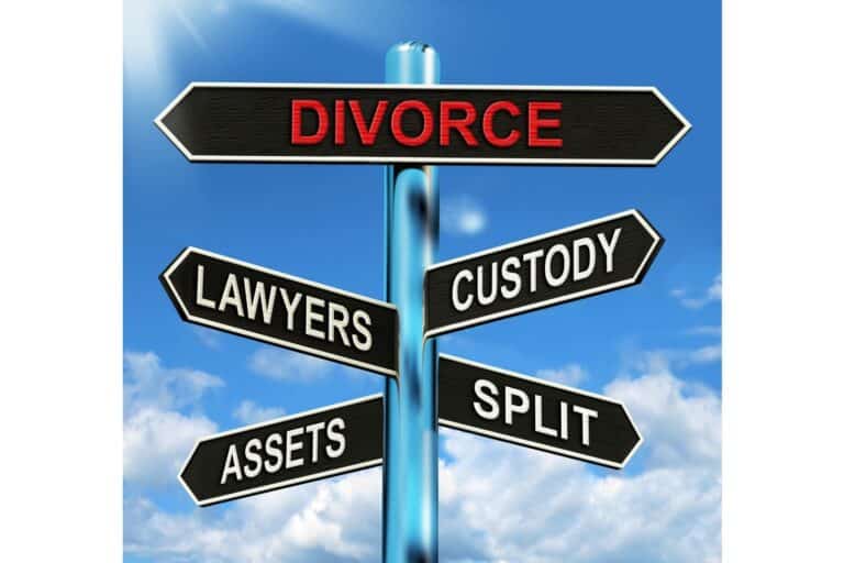 Signs Pointing In Different Directions, Labeled: Divorce, Lawyers, Custody,Assets, And Split