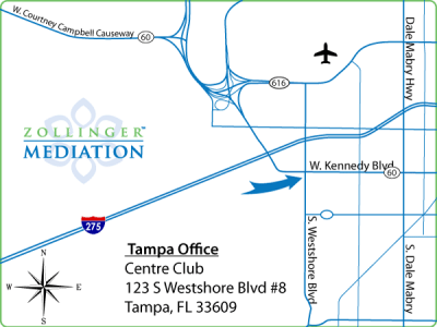 Map showing Zollinger Mediation Satellite Office Serving Hillsborough County